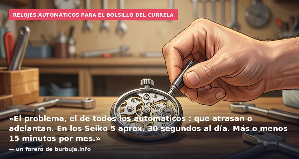 Relojes automáticos para el bolsillo del currela: «El problema, el de todos los automáticos : que atrasan o adelantan. En los Seiko 5 aprox. 30 segundos al día. Más o menos 15 minutos por mes.» — un forero de burbuja.info