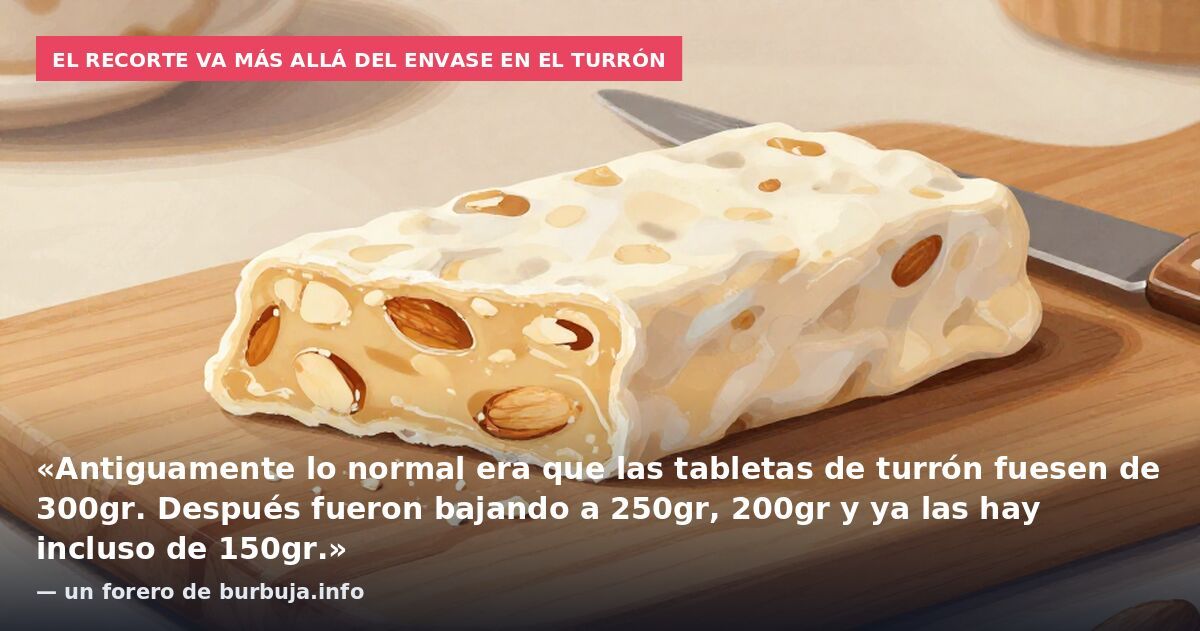 El recorte va más allá del envase en el turrón: «Antiguamente lo normal era que las tabletas de turrón fuesen de 300gr. Después fueron bajando a 250gr, 200gr y ya las hay incluso de 150gr.» — un forero de burbuja.info