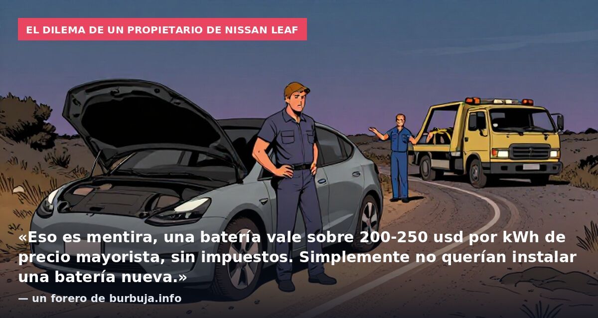 El dilema de un propietario de Nissan Leaf: «Eso es mentira, una batería vale sobre 200-250 usd por kWh de precio mayorista, sin impuestos. Simplemente no querían instalar una batería nueva.» — un forero de burbuja.info