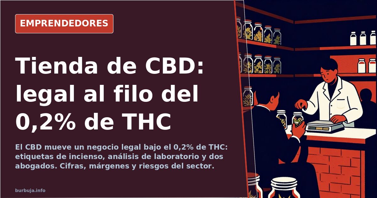 Estantería de una tienda de CBD con botes de aceite, flores en envases etiquetados y productos de grow shop