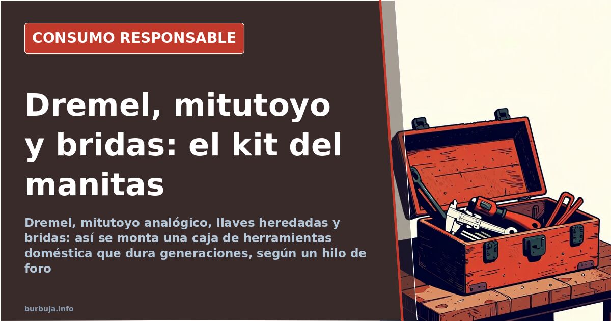 Caja de herramientas doméstica abierta con llaves fijas, destornilladores, alicates y un calibre pie de rey sobre un banco de