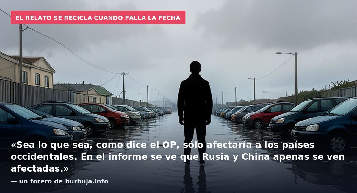 El relato se recicla cuando falla la fecha: «Sea lo que sea, como dice el OP, sólo afectaría a los países occidentales. En el informe se ve que Rusia y China apenas se ven afectadas.» — un forero de burbuja.info