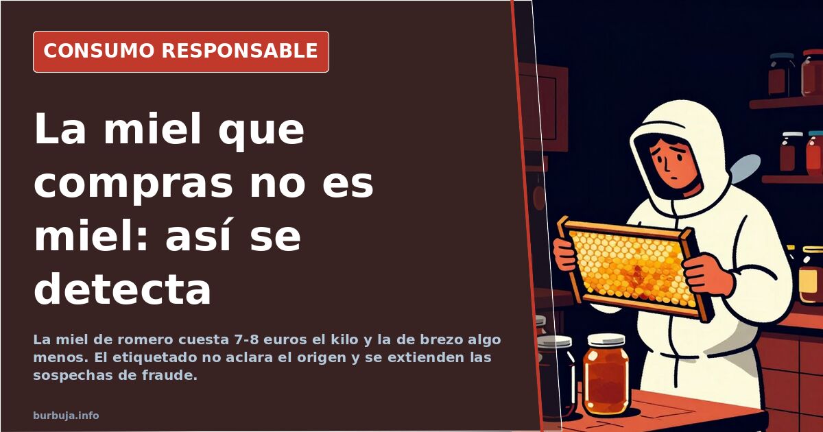 Botes de miel de romero cristalizada en un lineal de tienda especializada junto a un panal
