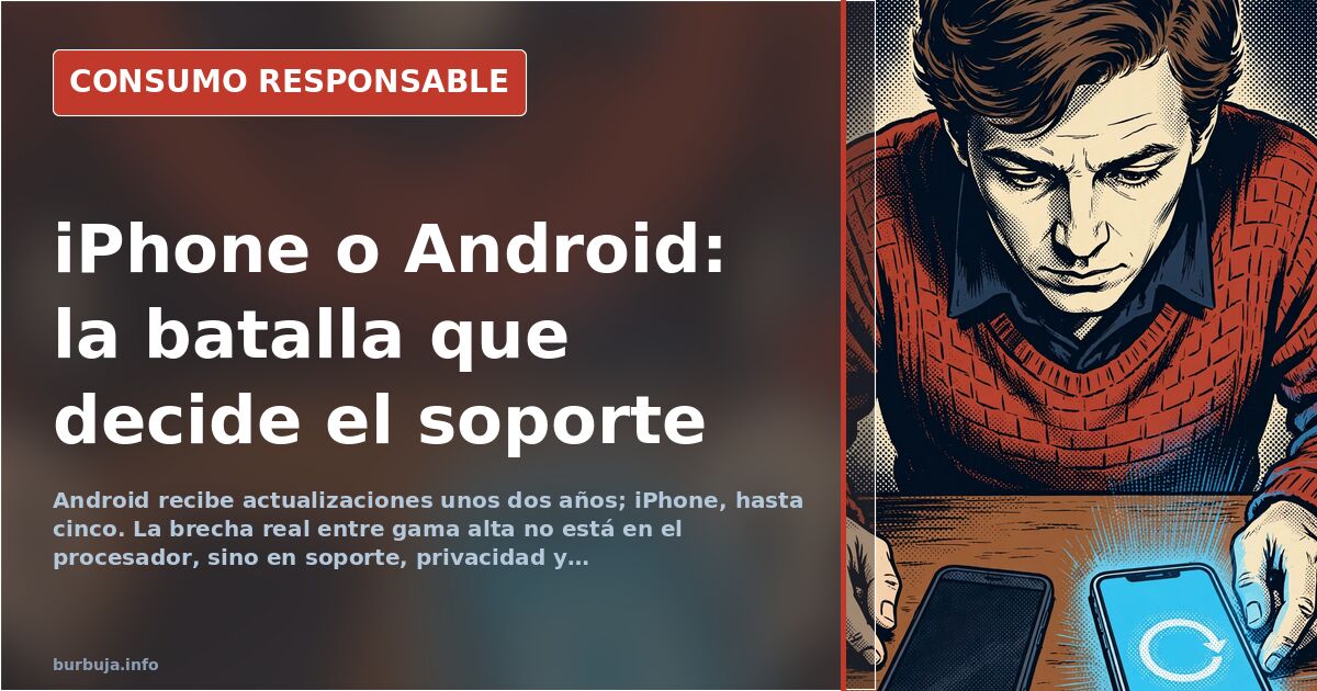 Comparativa de iPhone y Android de gama alta sobre una mesa, con dos teléfonos enfrentados y la pregunta sobre su diferencia 