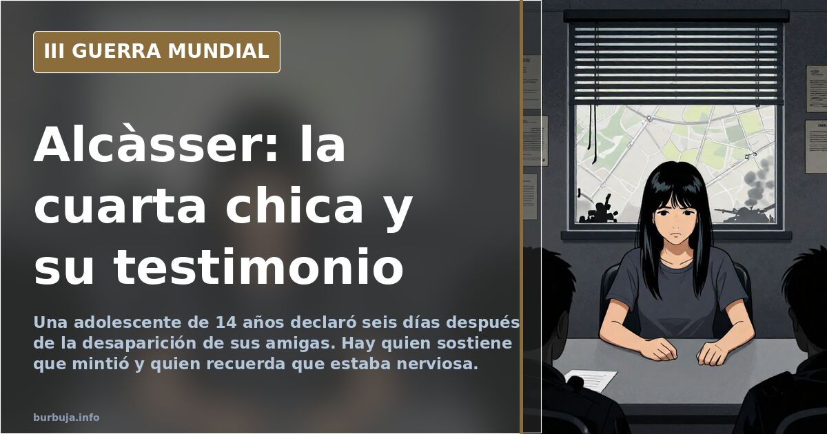 Ilustración documental desaturada de una adolescente ante cámaras de televisión en los años 90, con mapas y siluetas de fondo