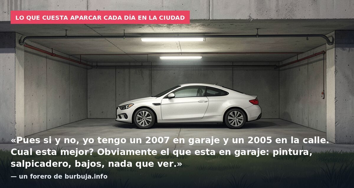 Lo que cuesta aparcar cada día en la ciudad: «Pues si y no, yo tengo un 2007 en garaje y un 2005 en la calle. Cual esta mejor? Obviamente el que esta en garaje: pintura, salpicadero, bajos, nada que ver.» — un forero de burbuja.info