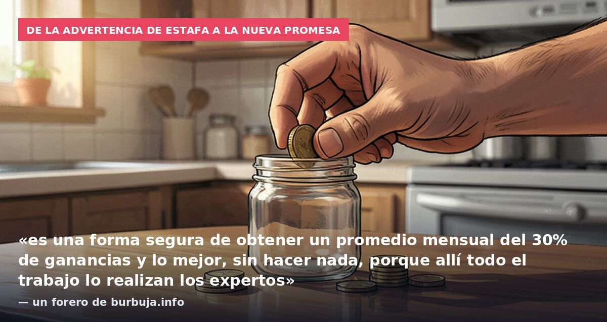 De la advertencia de estafa a la nueva promesa: «es una forma segura de obtener un promedio mensual del 30% de ganancias y lo mejor, sin hacer nada, porque allí todo el trabajo lo realizan los expertos» — un forero de burbuja.info
