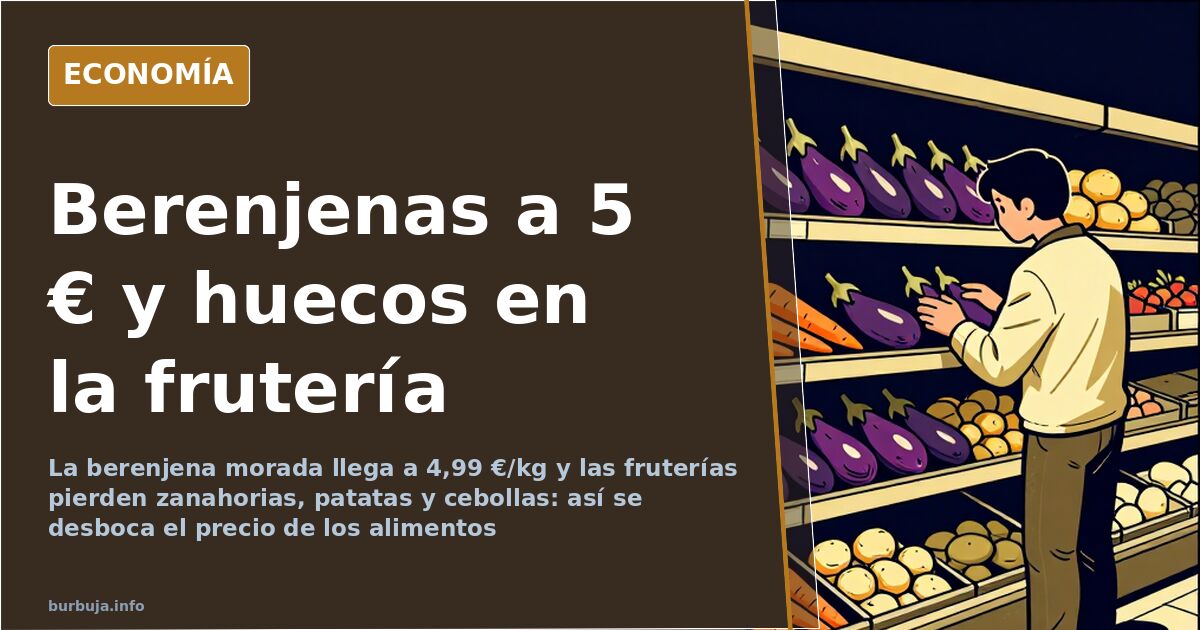 Lineal de verduras con berenjenas a 4,99 euros el kilo y huecos por la escasez de productos básicos de alimentación