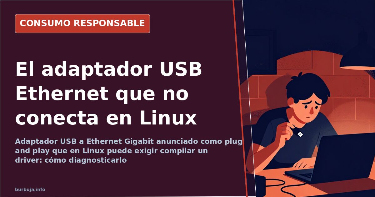 Adaptador USB 3.0 a Ethernet Gigabit conectado al puerto de un portátil sin RJ45 junto a una terminal de Linux