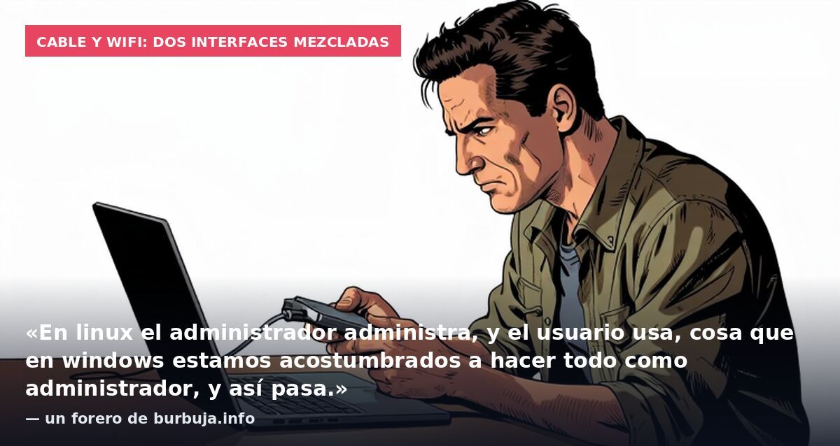 Cable y wifi: dos interfaces mezcladas: «En linux el administrador administra, y el usuario usa, cosa que en windows estamos acostumbrados a hacer todo como administrador, y así pasa.» — un forero de burbuja.info