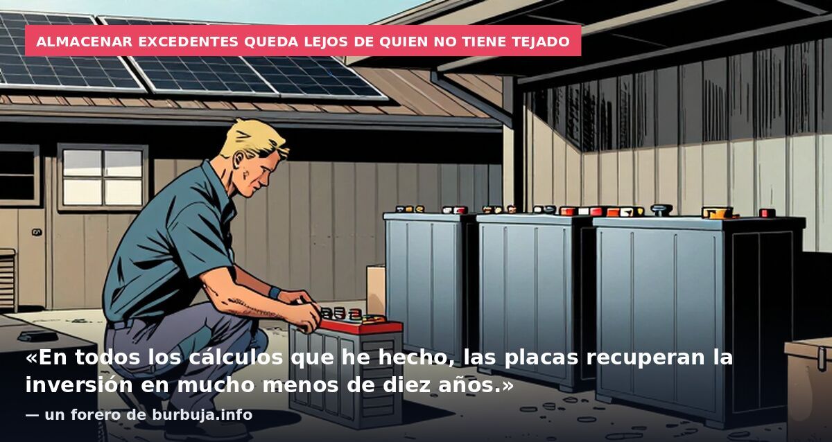 Almacenar excedentes queda lejos de quien no tiene tejado: «En todos los cálculos que he hecho, las placas recuperan la inversión en mucho menos de diez años.» — un forero de burbuja.info