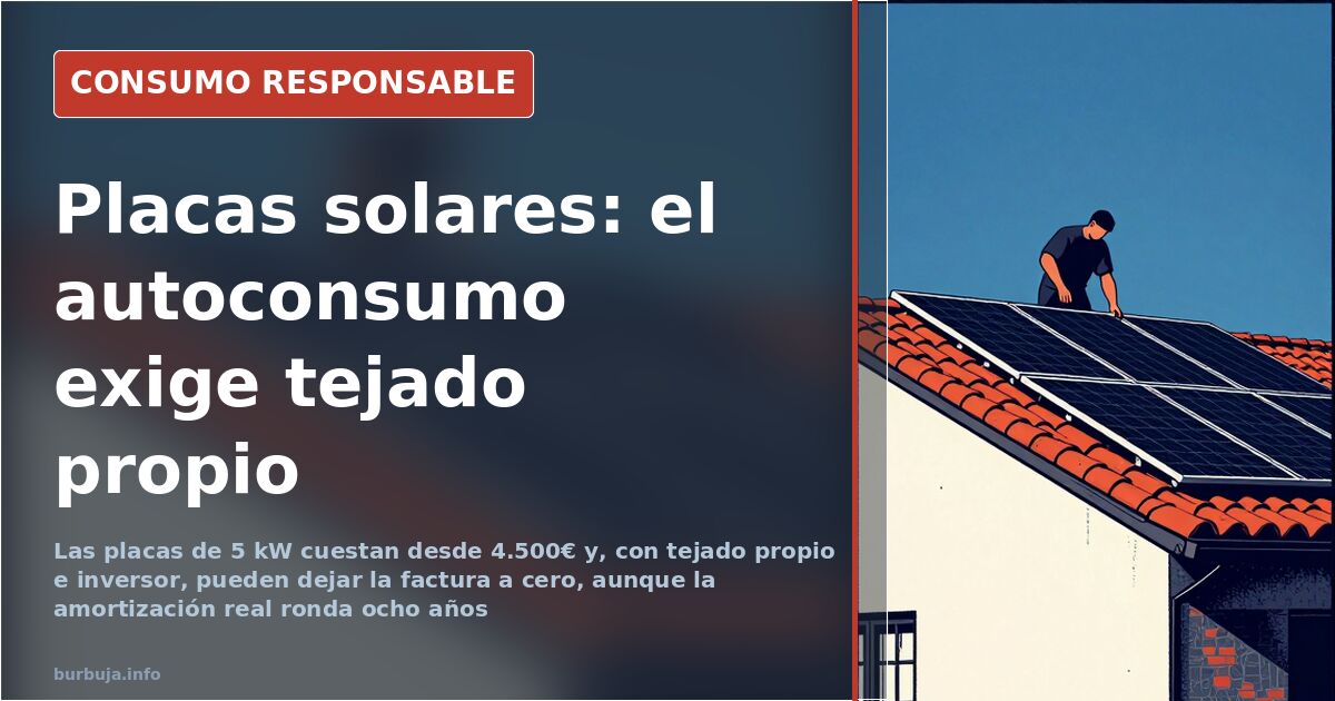 Paneles solares fotovoltaicos sobre el tejado de una vivienda con inversor y contador de autoconsumo en la fachada