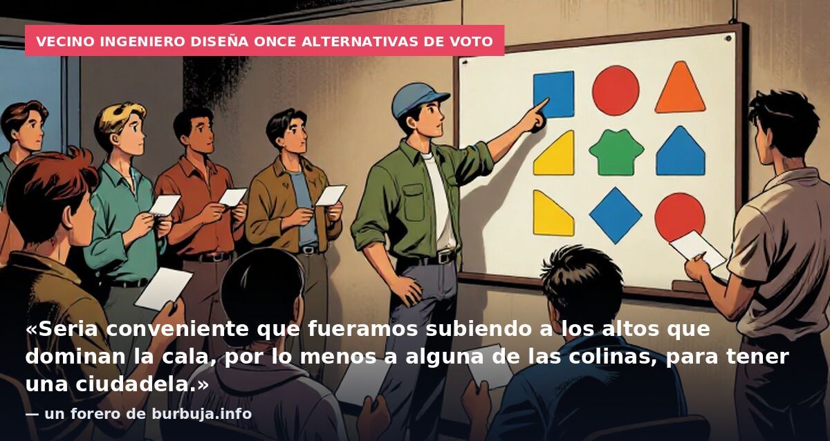 Vecino ingeniero diseña once alternativas de voto: «Seria conveniente que fueramos subiendo a los altos que dominan la cala, por lo menos a alguna de las colinas, para tener una ciudadela.» — un forero de burbuja.info