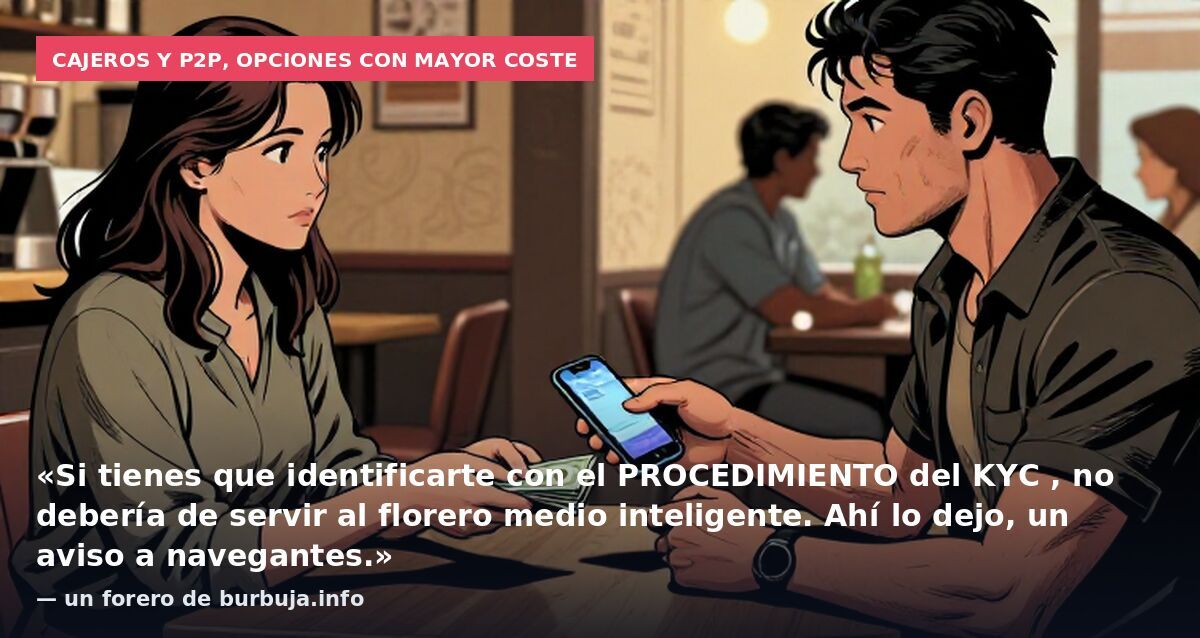 Cajeros y P2P, opciones con mayor coste: «Si tienes que identificarte con el PROCEDIMIENTO del KYC , no debería de servir al florero medio inteligente. Ahí lo dejo, un aviso a navegantes.» — un forero de burbuja.info