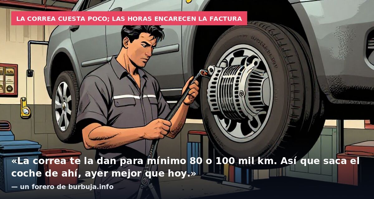 La correa cuesta poco; las horas encarecen la factura: «La correa te la dan para mínimo 80 o 100 mil km. Así que saca el coche de ahí, ayer mejor que hoy.» — un forero de burbuja.info