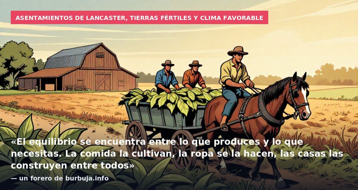 Asentamientos de Lancaster, tierras fértiles y clima favorable: «El equilibrio se encuentra entre lo que produces y lo que necesitas. La comida la cultivan, la ropa se la hacen, las casas las construyen entre todos» — un forero de burbuja.info