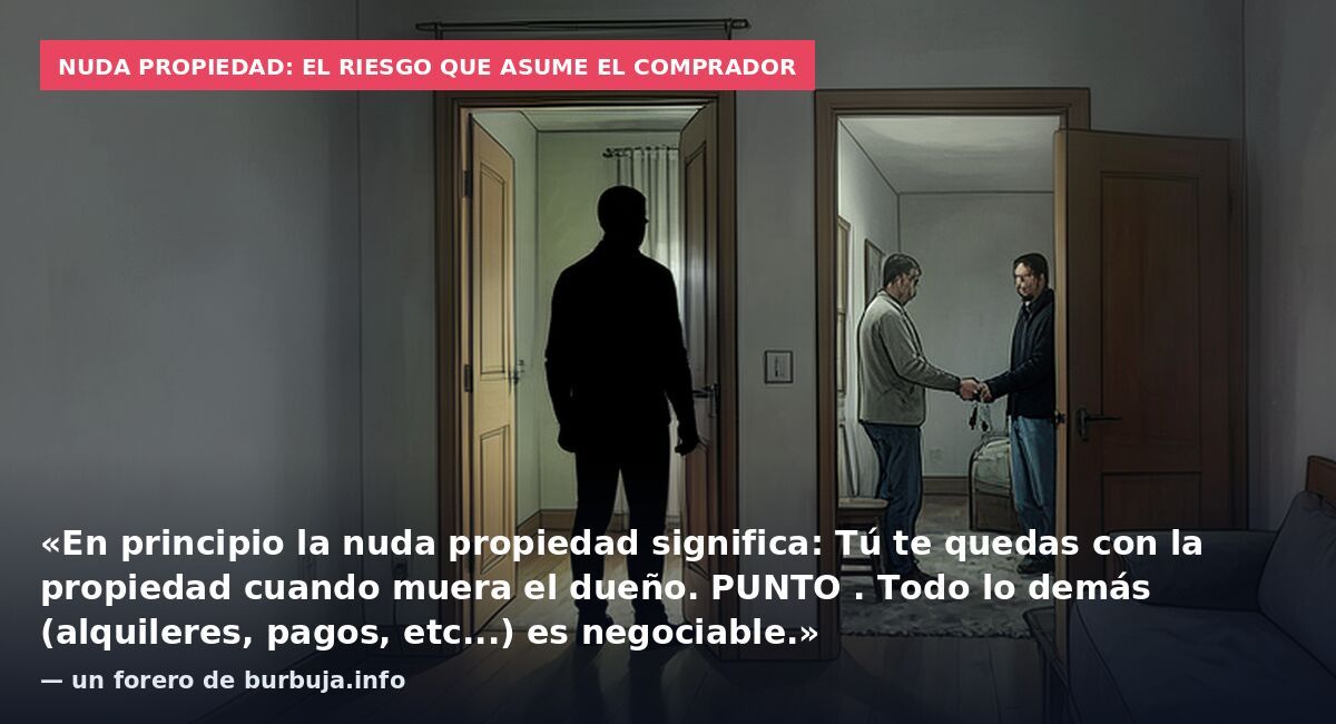 Nuda propiedad: el riesgo que asume el comprador: «En principio la nuda propiedad significa: Tú te quedas con la propiedad cuando muera el dueño. PUNTO . Todo lo demás (alquileres, pagos, etc...) es negociable.» — un forero de burbuja.info