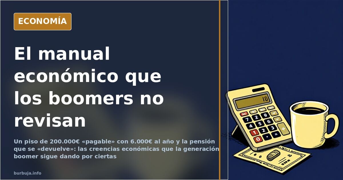 Ilustración editorial de una persona mayor con calculadora y extracto bancario, símbolo de las creencias económicas de la gen