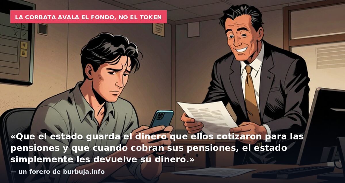 La corbata avala el fondo, no el token: «Que el estado guarda el dinero que ellos cotizaron para las pensiones y que cuando cobran sus pensiones, el estado simplemente les devuelve su dinero.» — un forero de burbuja.info