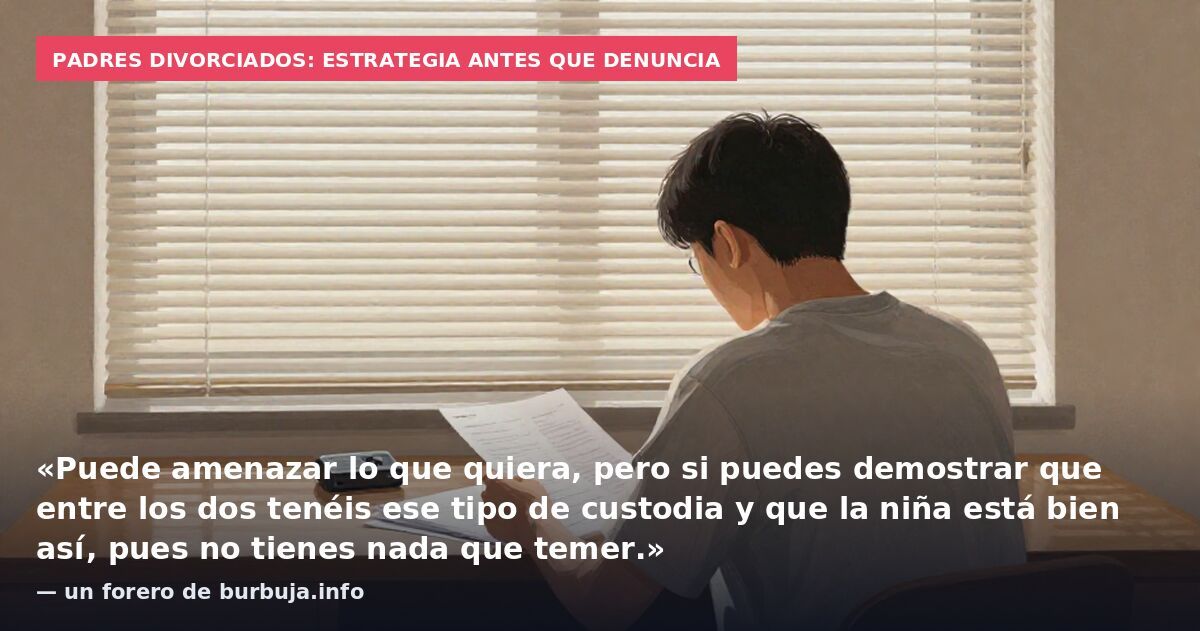 Padres divorciados: estrategia antes que denuncia: «Puede amenazar lo que quiera, pero si puedes demostrar que entre los dos tenéis ese tipo de custodia y que la niña está bien así, pues no tienes nada que temer.» — un forero de burbuja.info