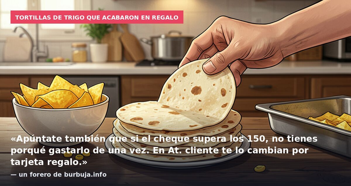 Tortillas de trigo que acabaron en regalo: «Apúntate también que si el cheque supera los 150, no tienes porqué gastarlo de una vez. En At. cliente te lo cambian por tarjeta regalo.» — un forero de burbuja.info