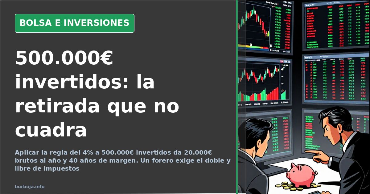 Gráfico de velas japonesas en pantalla oscura y una calculadora junto a la cifra de 500.000 euros invertidos