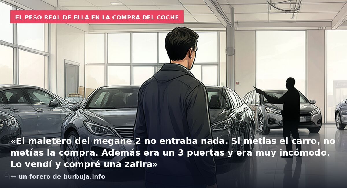 El peso real de ella en la compra del coche: «El maletero del megane 2 no entraba nada. Si metias el carro, no metías la compra. Además era un 3 puertas y era muy incómodo. Lo vendí y compré una zafira» — un forero de burbuja.info