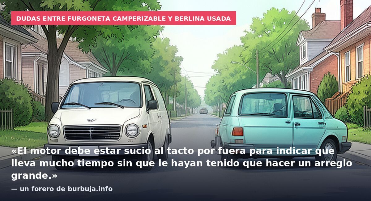 Dudas entre furgoneta camperizable y berlina usada: «El motor debe estar sucio al tacto por fuera para indicar que lleva mucho tiempo sin que le hayan tenido que hacer un arreglo grande.» — un forero de burbuja.info