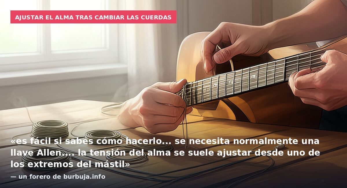 Ajustar el alma tras cambiar las cuerdas: «es fácil si sabes cómo hacerlo... se necesita normalmente una llave Allen.... la tensión del alma se suele ajustar desde uno de los extremos del mástil» — un forero de burbuja.info