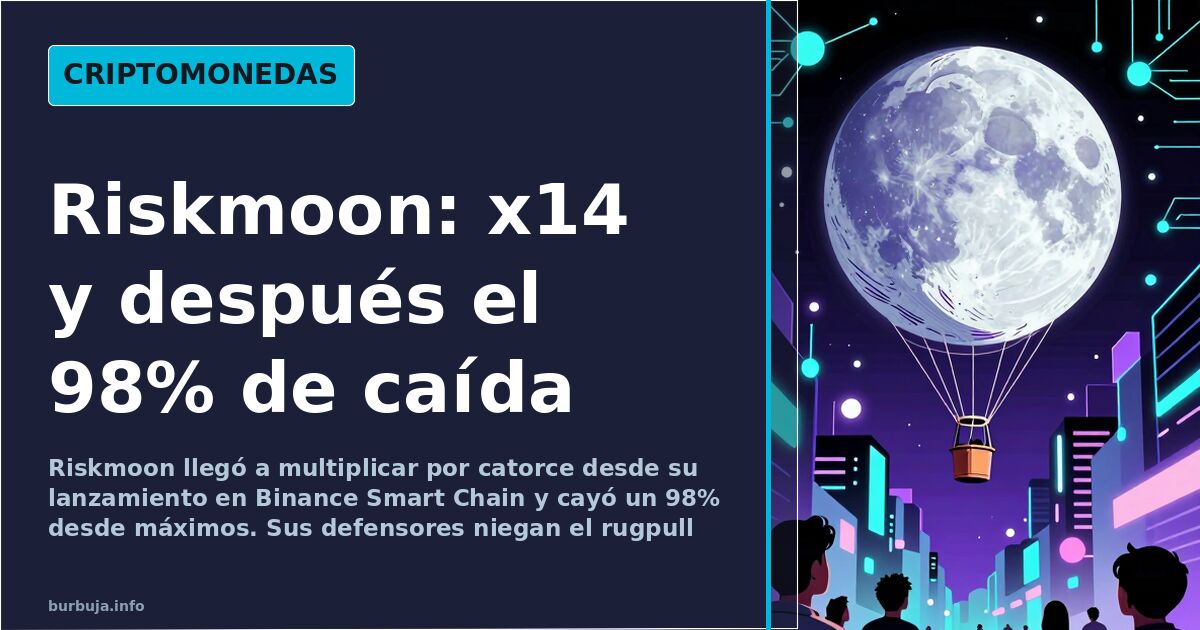 Ilustración de nodos de blockchain y circuitos en cian y violeta sobre fondo oscuro en torno al token Riskmoon
