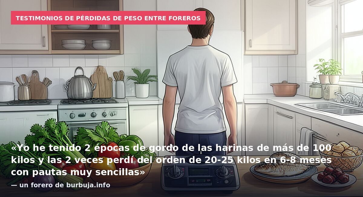 Testimonios de pérdidas de peso entre foreros: «Yo he tenido 2 épocas de gordo de las harinas de más de 100 kilos y las 2 veces perdí del orden de 20-25 kilos en 6-8 meses con pautas muy sencillas» — un forero de burbuja.info