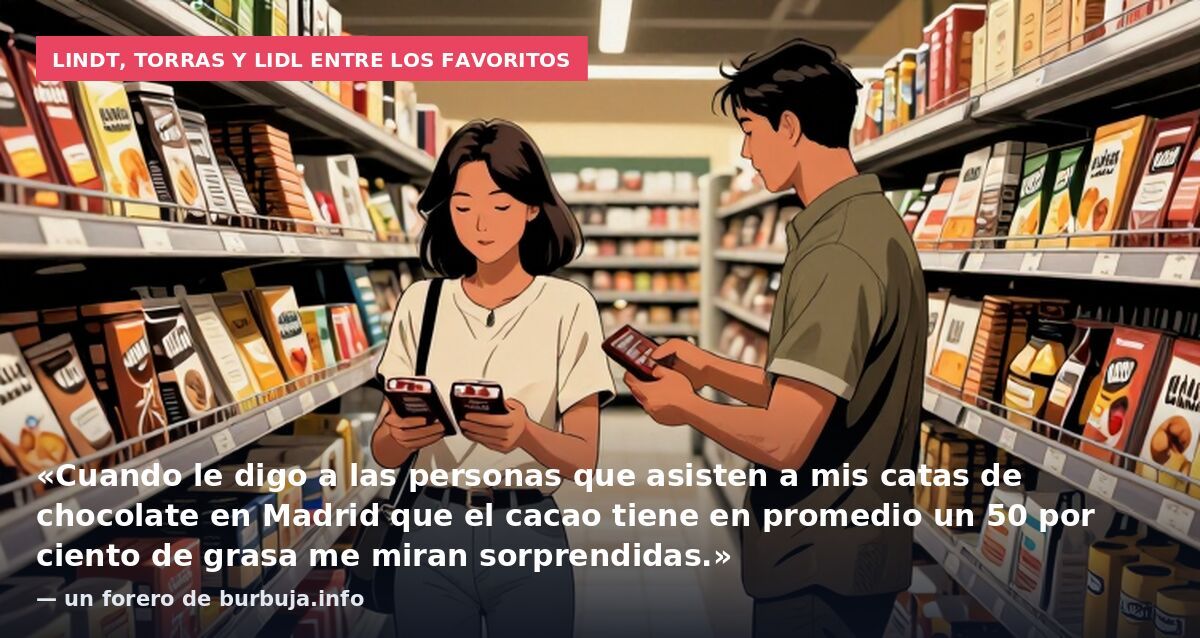 Lindt, Torras y Lidl entre los favoritos: «Cuando le digo a las personas que asisten a mis catas de chocolate en Madrid que el cacao tiene en promedio un 50 por ciento de grasa me miran sorprendidas.» — un forero de burbuja.info
