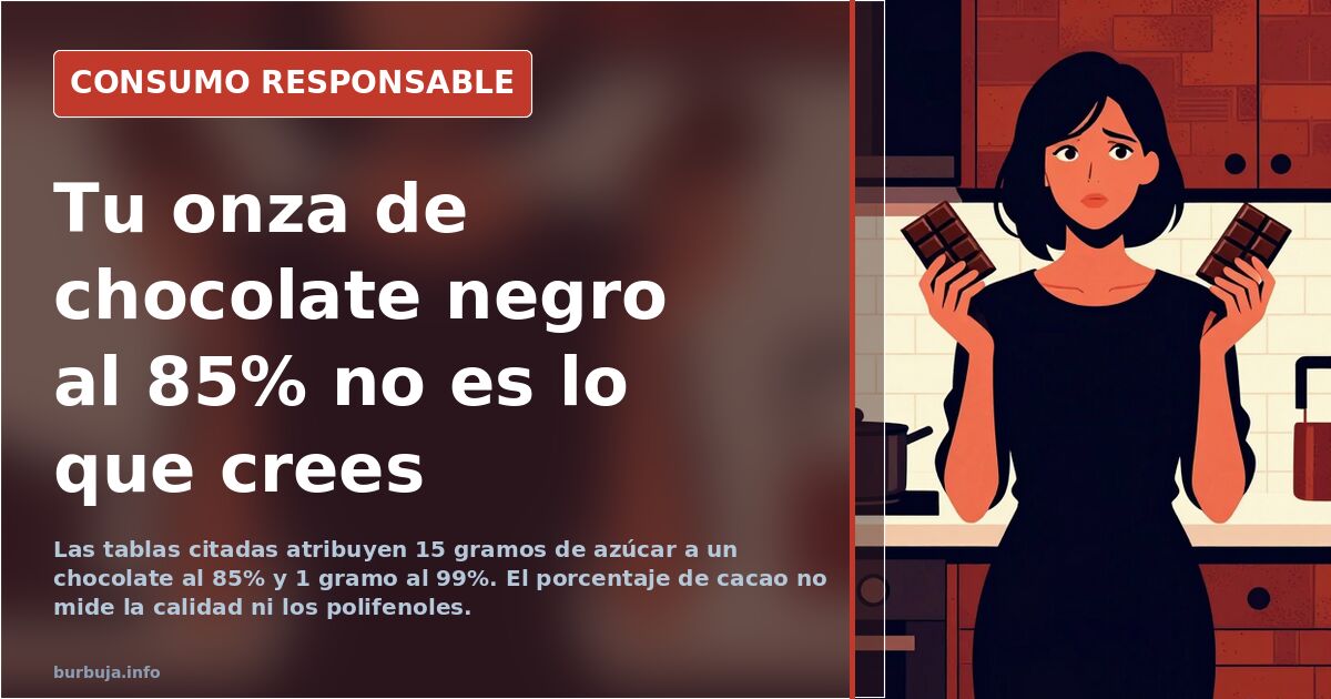 Tableta de chocolate negro al 85% partida en onzas junto a su etiqueta de información nutricional