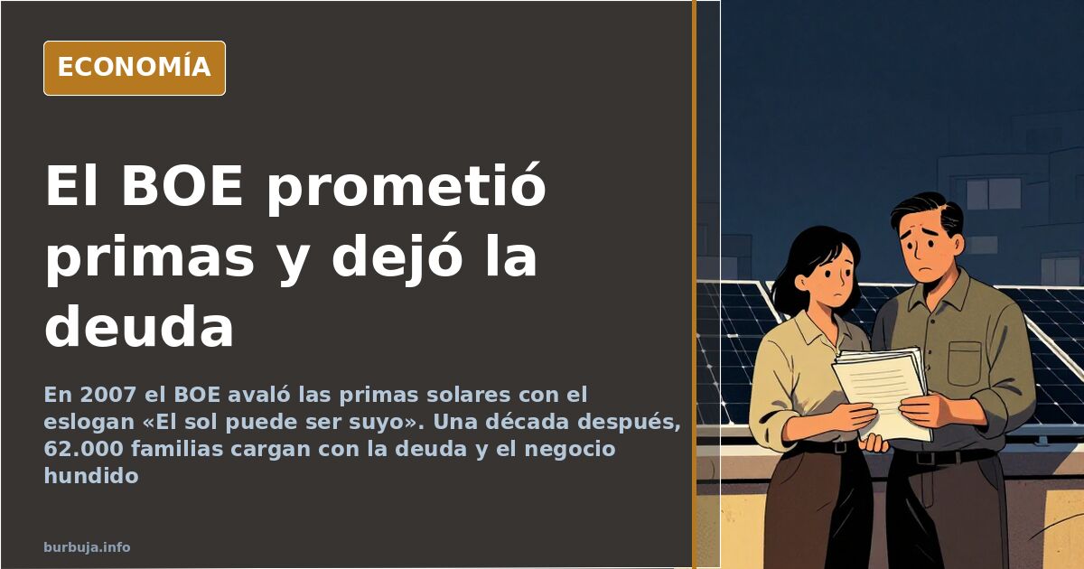 Ilustración editorial de paneles solares fotovoltaicos frente a una deuda impagable, el timo de las renovables en España