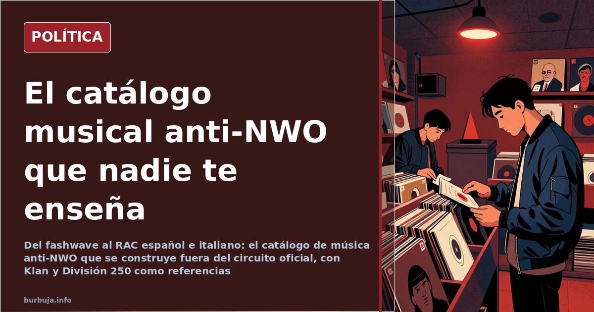 Ilustración editorial simbólica de música anti-NWO con vinilos, altavoces y símbolos de resistencia política en paleta roja y
