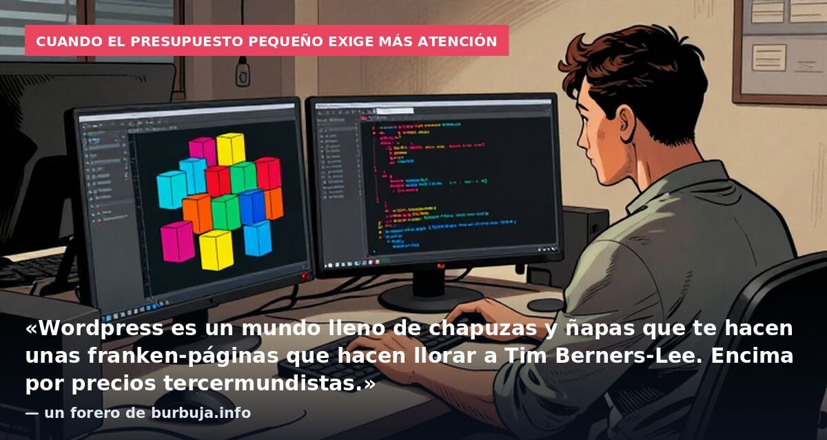 Cuando el presupuesto pequeño exige más atención: «Wordpress es un mundo lleno de chapuzas y ñapas que te hacen unas franken-páginas que hacen llorar a Tim Berners-Lee. Encima por precios tercermundistas.» — un forero de burbuja.info