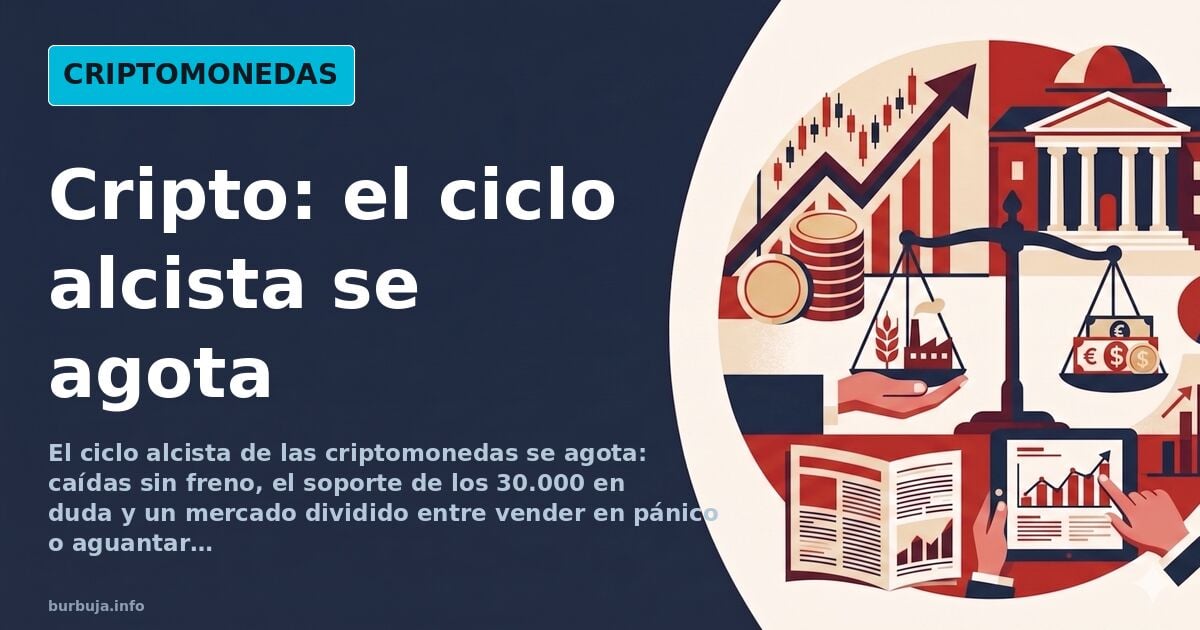 Ilustración digital de nodos de blockchain y circuitos en cian y violeta sobre fondo oscuro que representa la caída del ciclo