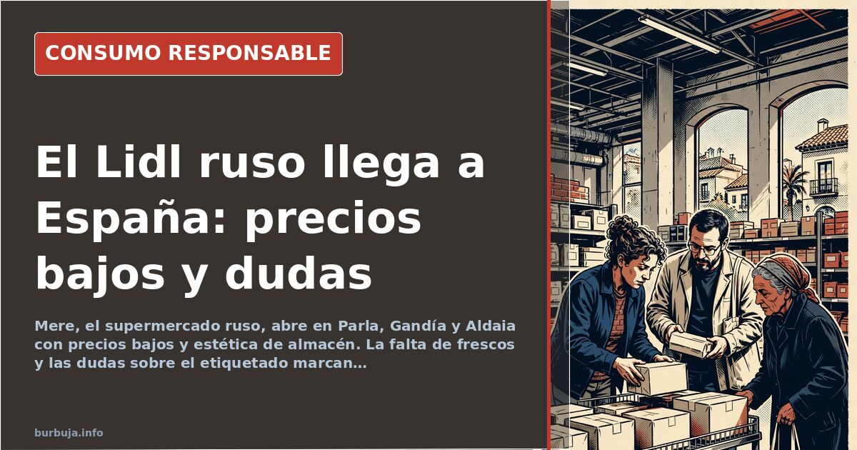 Interior de un supermercado Mere con estanterías de productos en formato grande y estética de almacén