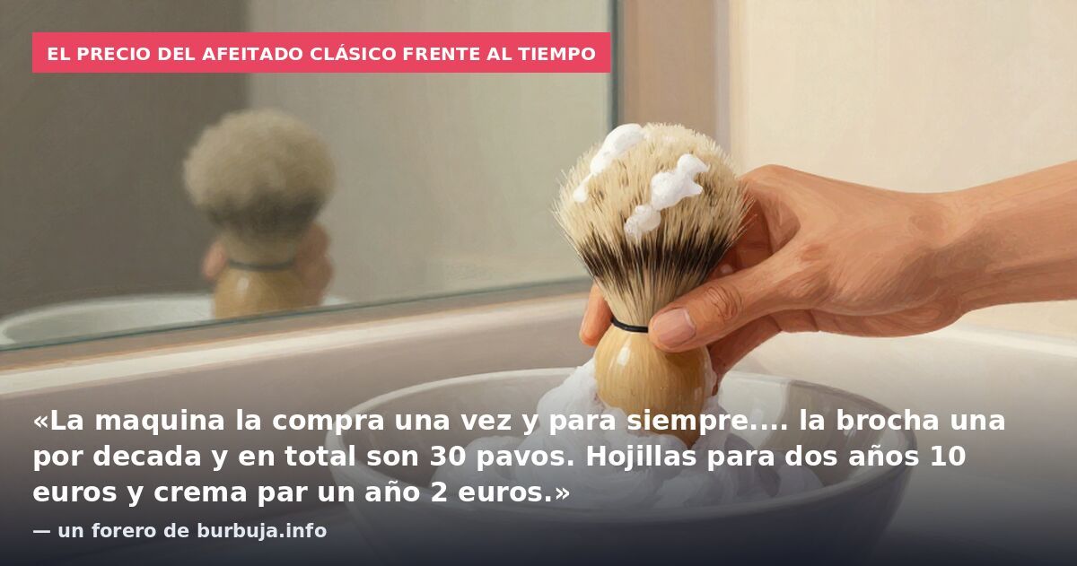 El precio del afeitado clásico frente al tiempo: «La maquina la compra una vez y para siempre.... la brocha una por decada y en total son 30 pavos. Hojillas para dos años 10 euros y crema par un año 2 euros.» — un forero de burbuja.info