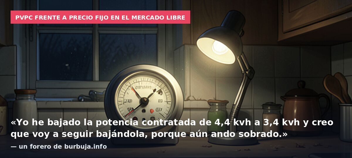 PVPC frente a precio fijo en el mercado libre: «Yo he bajado la potencia contratada de 4,4 kvh a 3,4 kvh y creo que voy a seguir bajándola, porque aún ando sobrado.» — un forero de burbuja.info