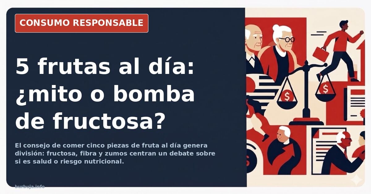 Cinco piezas de fruta variada sobre una mesa, con un vaso de zumo al lado, representando el debate sobre su consumo diario