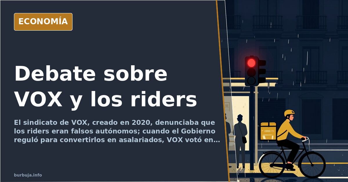 Ilustración editorial de un repartidor con mochila de comida subido a una bicicleta frente a un edificio institucional, en to