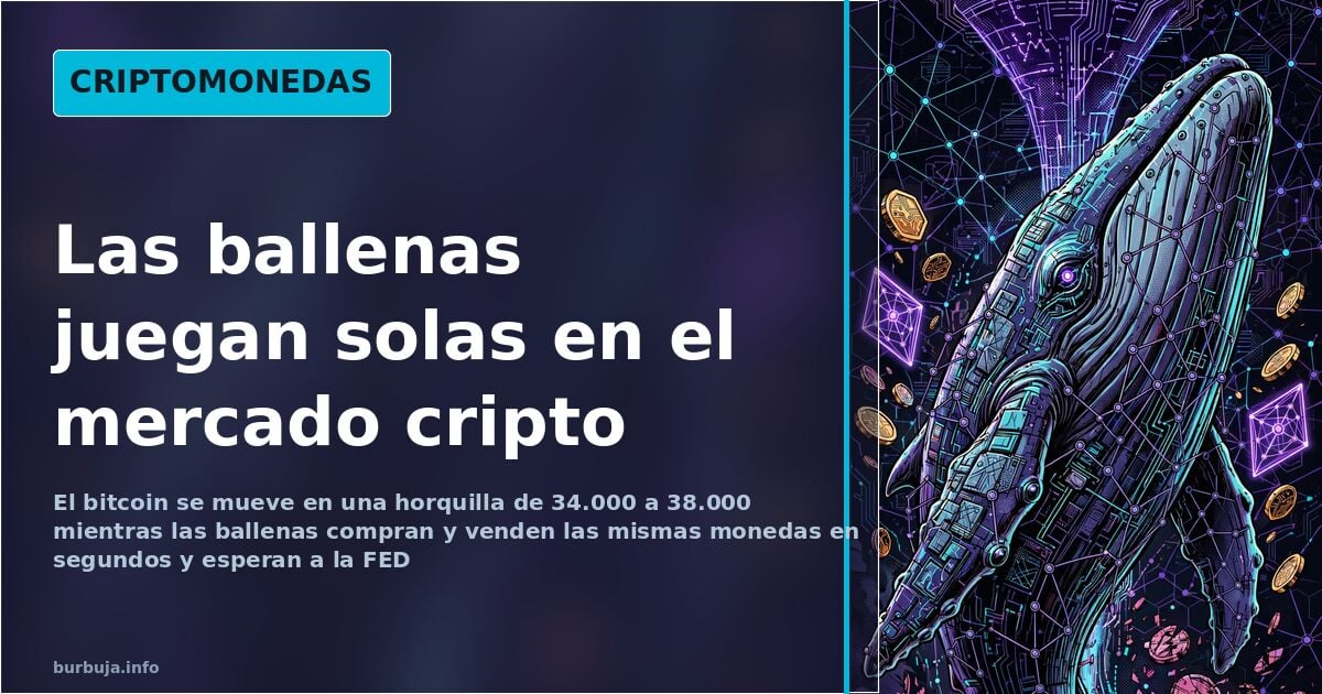 Red de nodos blockchain en cian y violeta con una gran ballena de circuitos dominando el gráfico de cotización del bitcoin