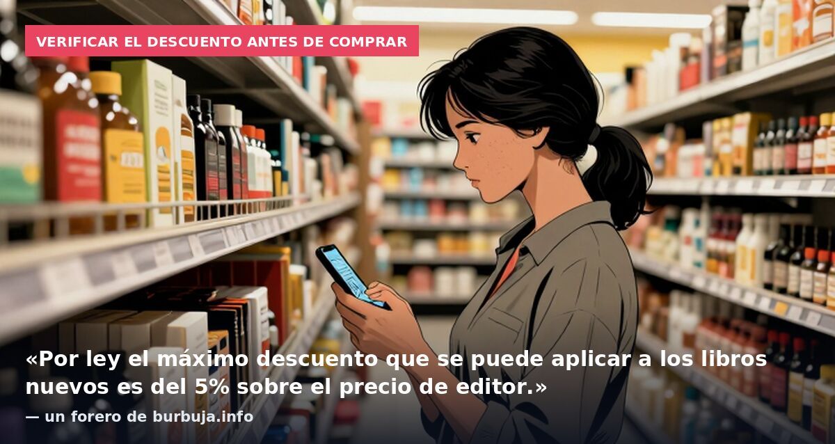 Verificar el descuento antes de comprar: «Por ley el máximo descuento que se puede aplicar a los libros nuevos es del 5% sobre el precio de editor.» — un forero de burbuja.info