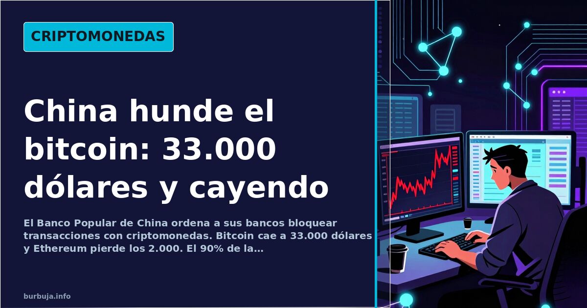 Nodos de red blockchain en cian y violeta sobre fondo oscuro con gráfico de bitcoin en caída