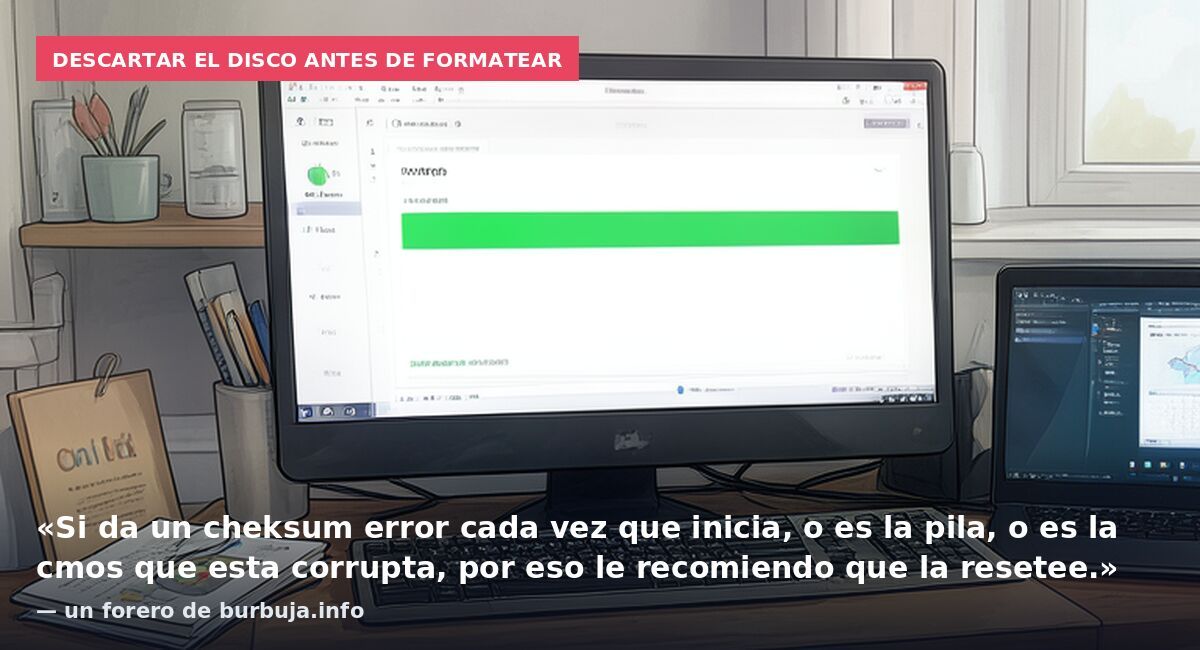 Descartar el disco antes de formatear: «Si da un cheksum error cada vez que inicia, o es la pila, o es la cmos que esta corrupta, por eso le recomiendo que la resetee.» — un forero de burbuja.info