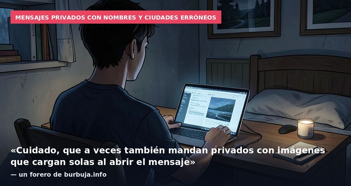 Mensajes privados con nombres y ciudades erróneos: «Cuidado, que a veces también mandan privados con imágenes que cargan solas al abrir el mensaje» — un forero de burbuja.info
