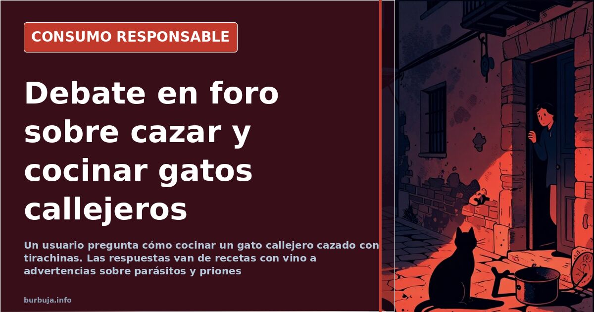 Gato callejero junto a un tirachinas y una bolsa de supermercado sobre asfalto urbano, imagen que ilustra el debate sobre com