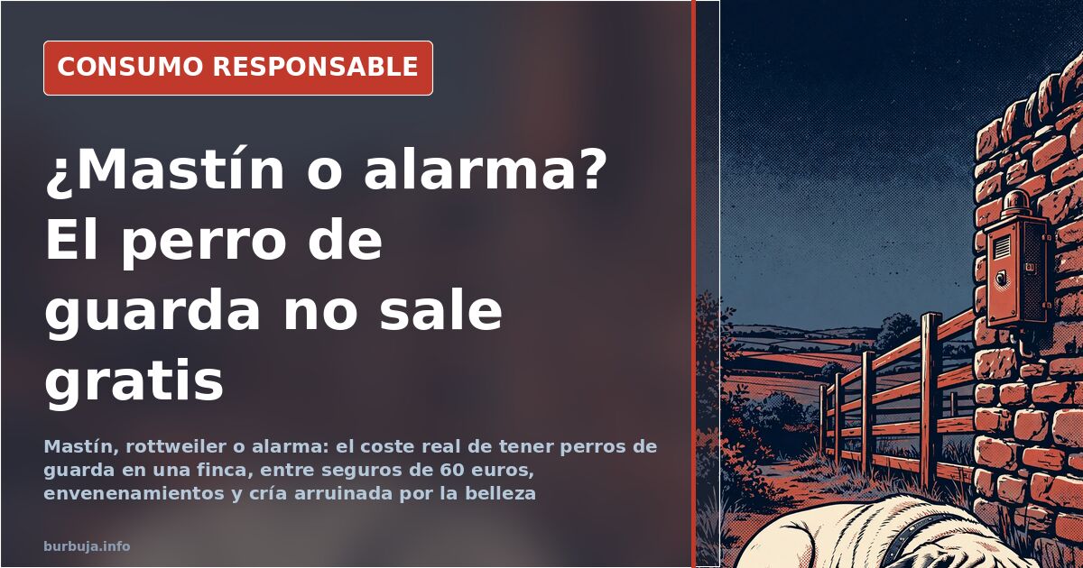 Perro pastor alemán de guarda vigilando junto a la valla de una finca rural, con campo y caseta al fondo