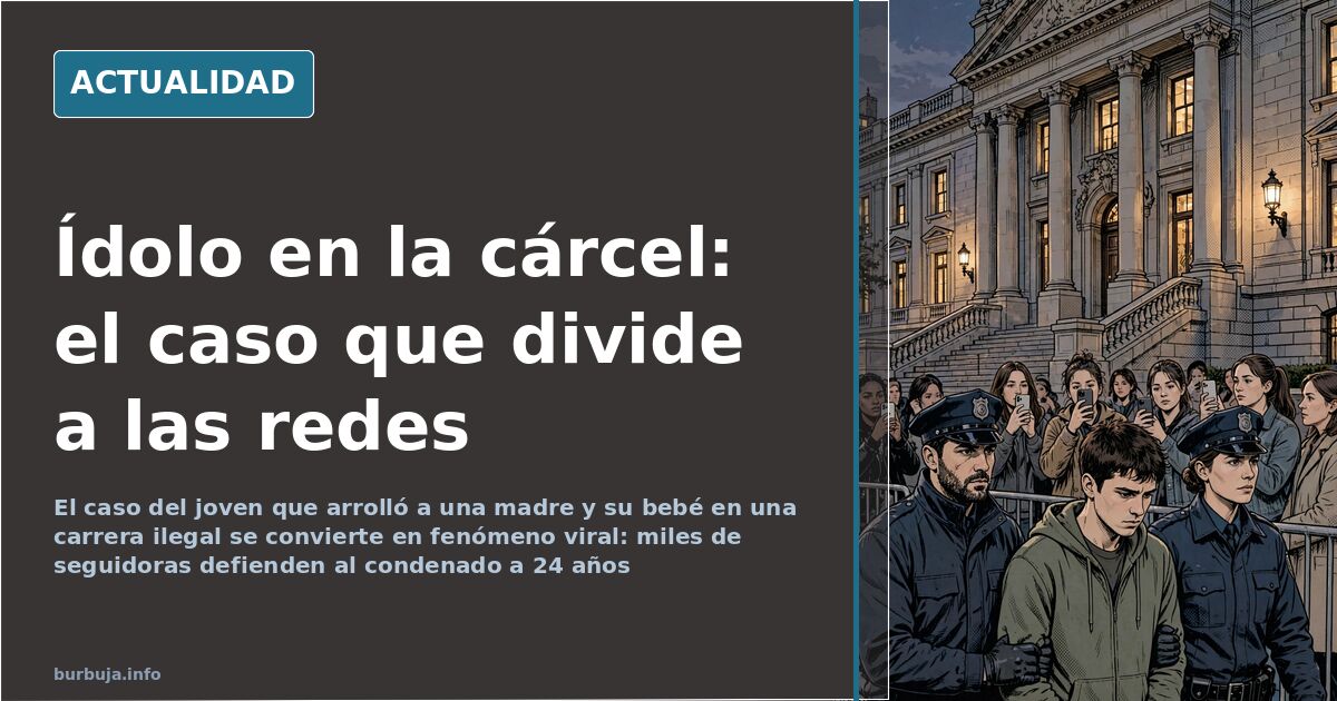 Ilustración editorial de un joven en el banquillo de los acusados con el rostro difuminado y el público levantando móviles